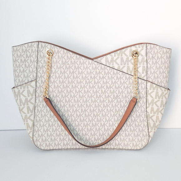 Michael Kors Cream White Brown Saffiano Leather Jet Set Chain Tote Handbag w COA - Picture 2 of 11